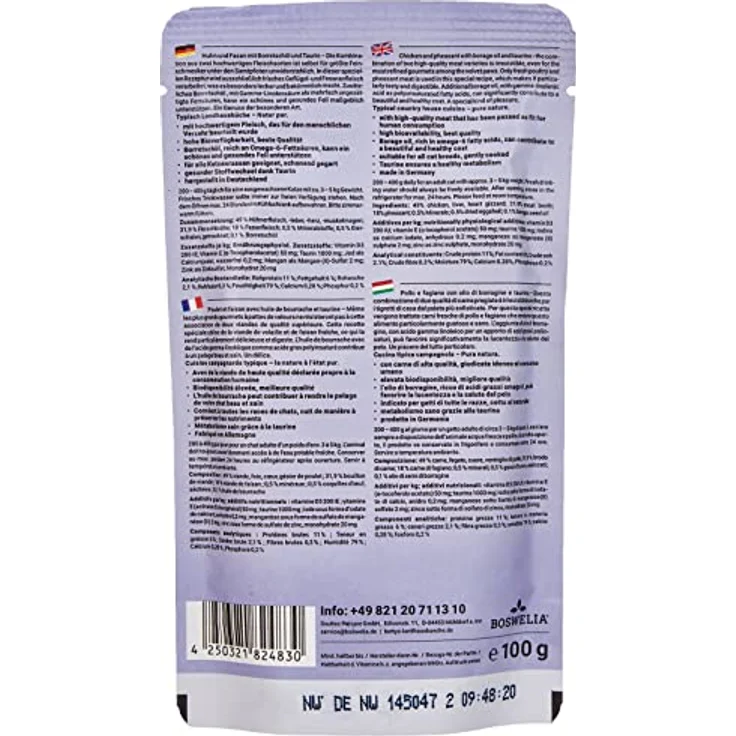 Boswelia Betty's Landhausküche Frischebeutel Pouches Katzen-Nassfutter, Huhn & Fasan mit Borretschöl, 12 x 100 g, getreidefrei, hohe Bioverfügbarkeit, hochwertiges Fleisch – Bild 2