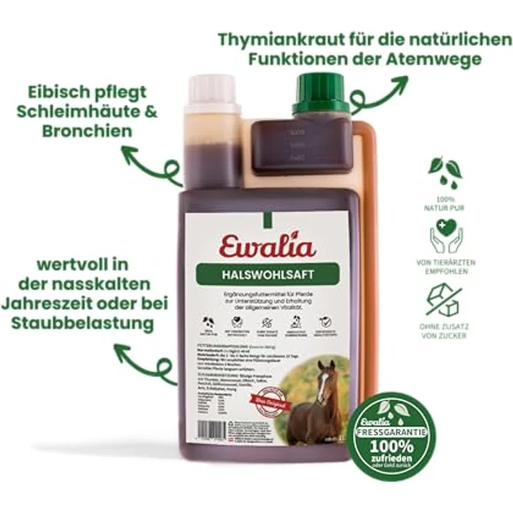 EWALIA Halswohlsaft, 1 l, Ergänzungsfuttermittel für Pferde mit Thymiankraut & Eibisch, unterstützt Atemwege und Schleimhäute – Bild 3