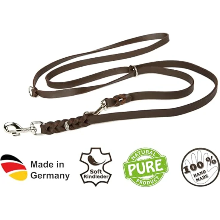 CopcoPet Hundeleine Leder 5m Fettlederleine [3-Fach Verstellbar] geflochten, robuste Leine mit Chrombeschlägen in Grau, ideal für große und kleine Hunde – Bild 4
