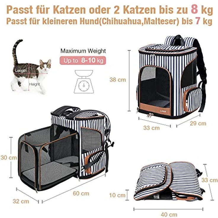 Lekesky Erweiterbar Katzenrucksack Hunderucksack für Haustiere bis 10 kg, Faltbar mit Innerer Sicherheitsleine und 2 Waschbaren Matten, Gestreift, L – Bild 2