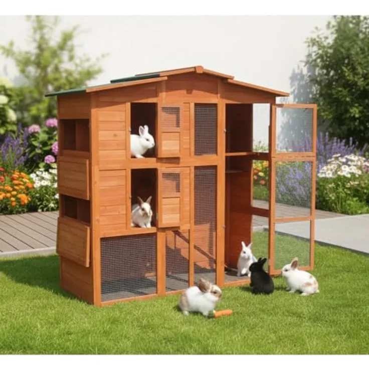 Mucola Hasenstall mit Freilaufgehege, Kleintiergehege aus Holz 171x80x166 cm, inkl. 2 Rampen, 2 Nestboxen (4 Nistplätze), wetterfest und sicher