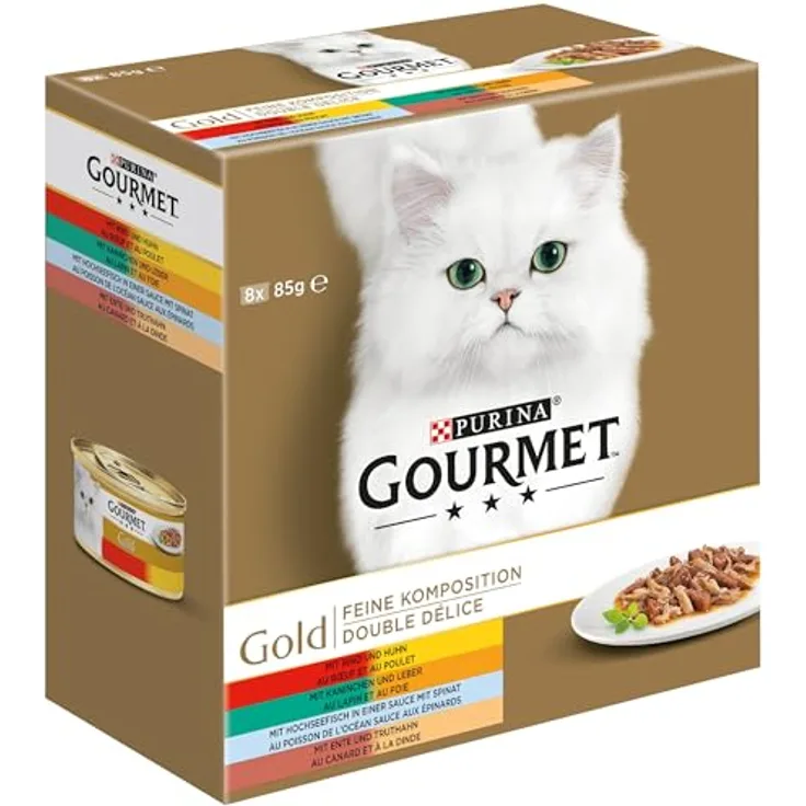 GOURMET Gold Feine Komposition Mix, Katzenfutter 8 x 85 g mit Rind, Huhn, Kaninchen, Leber, Hochseefisch, Ente und Truthahn, ohne künstliche Zusatzstoffe