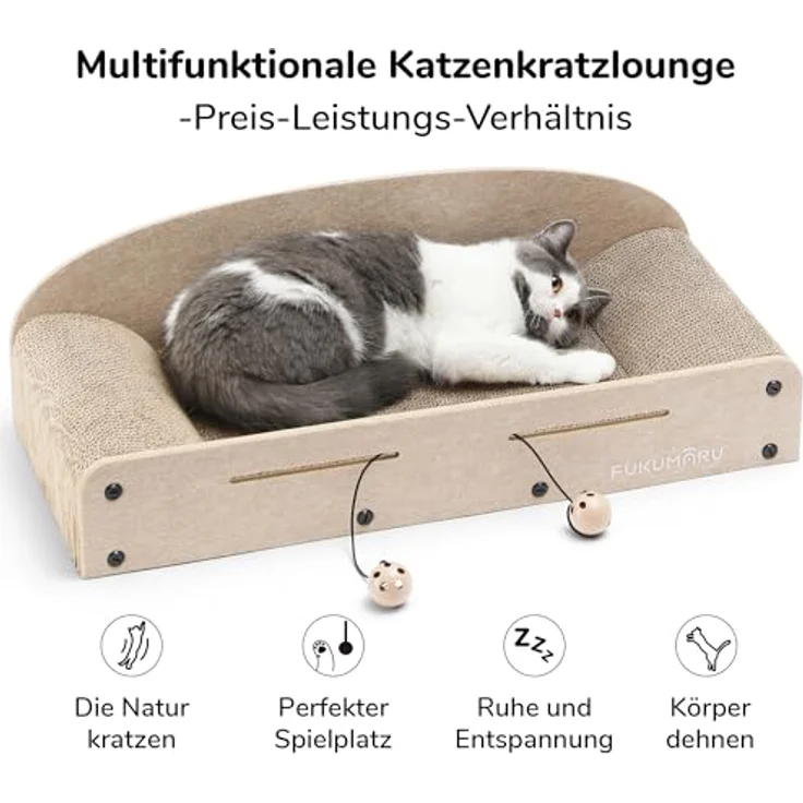 FUKUMARU Kratzbrett für Katzen, 66 cm, langlebige Wellpappe und Filz, 2 wendbare Kratzpads, recycelbares Katzenkratzbett mit Glockenballspielzeug, Beige – Bild 2