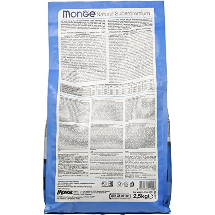 Monge Light Adult Salmon and Rice, Hundefutter für alle Rassen, Trockenfutter mit Lachs und Reis für reduzierten Energiebedarf, 2,5 kg – Bild 2