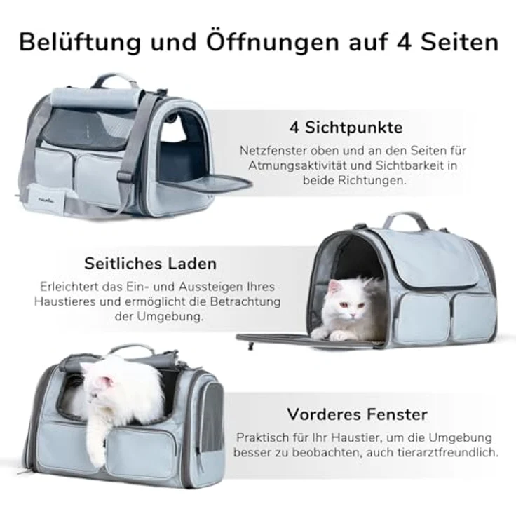 FUKUMARU Faltbare Transportbox für Katzen und Hunde, große Tragetasche bis 22 kg, hellgrau, wasserfest und belüftet mit 4 Eingängen – Bild 4