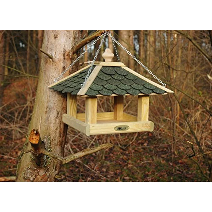 dobar 44256e Klassisches Vogelhaus aus Holz (Kiefer) für Garten, Balkon, mit grünen Bitumenschindeln, stabiler Metallkette zum Aufhängen - Vogelhäuschen Vogel-Futterhaus – Bild 5