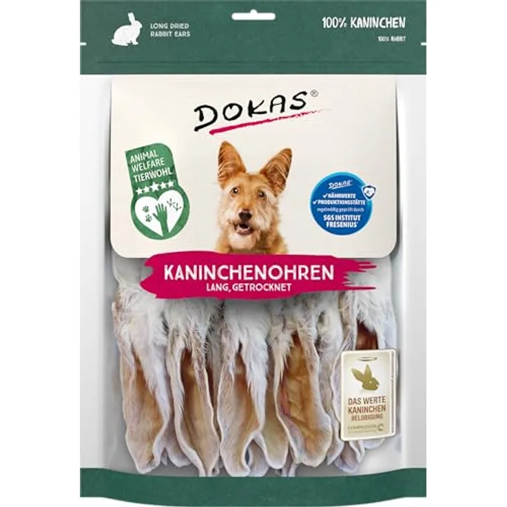 Dokas Kaninchenohren mit Fell, getrockneter Hundesnack für erwachsene Hunde, 180g