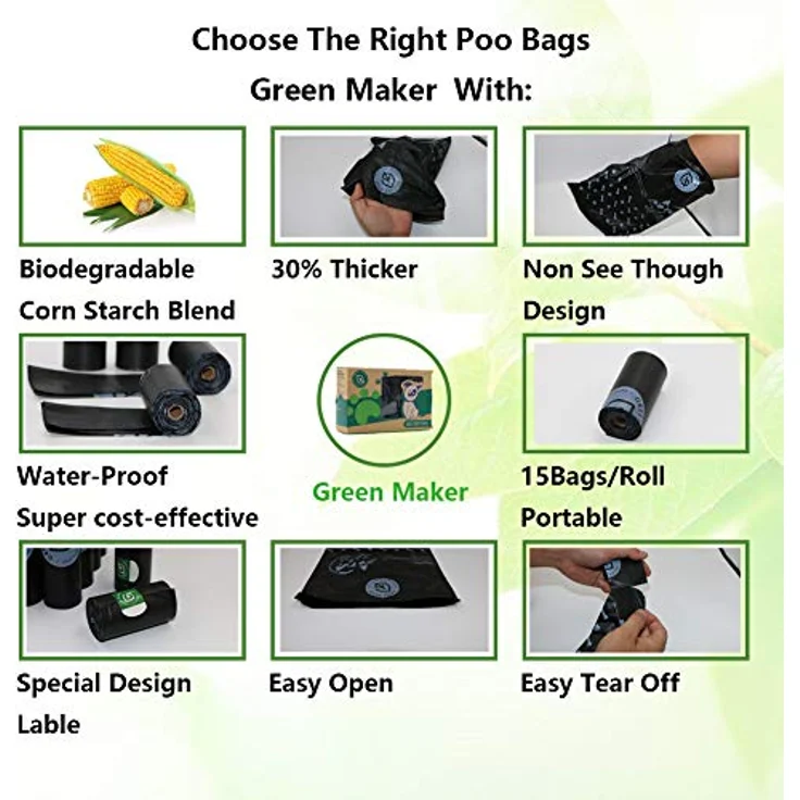 GREEN MAKER 30% Dicke Biologisch abbaubare Hundekotbeutel, 360 Stück aus Maisstärke, Schwarz, 100% auslaufsicher und reißfest – Bild 3
