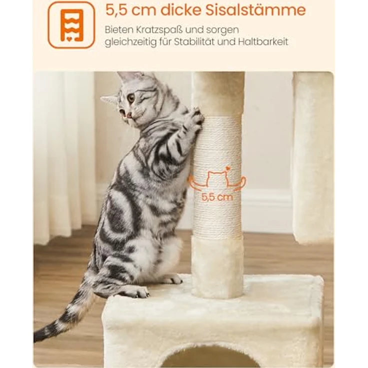 Feandrea Kratzbaum PCT61M, 84 cm Katzenbaum für große Katzen bis 7 kg, große Plattform, 2 Katzenhöhlen, Sisalstämme, beige – Bild 5