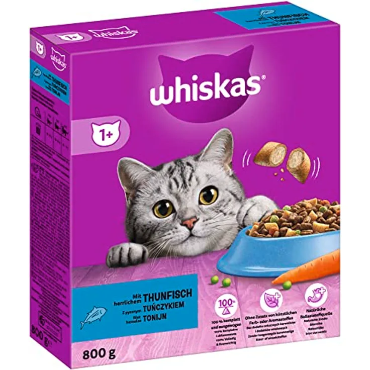 Whiskas Trockenfutter 1+, mit Thunfisch, 800 g, ausgewogen und leicht verdaulich
