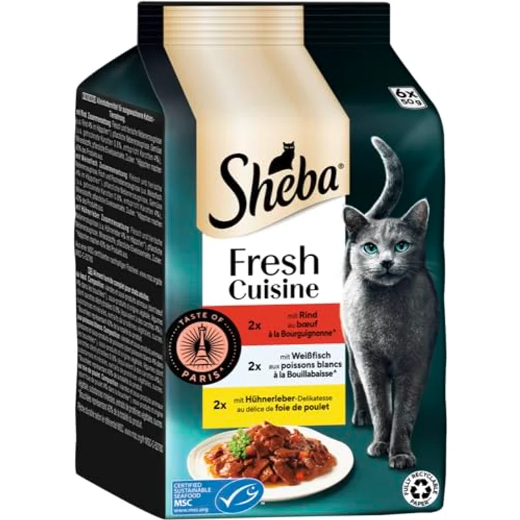 Sheba Fresh Cuisine Taste of Paris, Katzen-Nassfutter mit Rind, Weißfisch und Huhn, 6x50 g, ohne künstliche Farb- und Konservierungsstoffe, recyclingfähige Verpackung – Bild 2