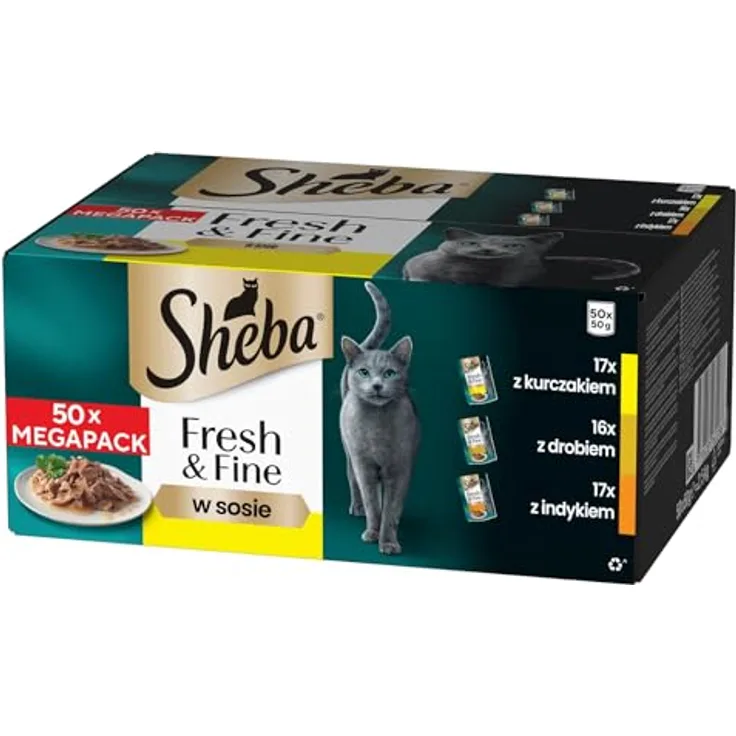 Sheba Fresh & Fine, Multipack Portionsbeutel mit drei Varietäten (Huhn, Geflügel, Truthahn) in Sauce, 50x50g, 100% natürgenuss