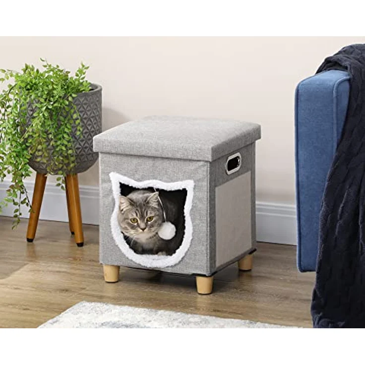 PawHut Katzenhöhle, Katzenhaus mit Kissen und Kratzmatte, grau, 35,5 x 35,5 x 42,5 cm, anti-rutsch mit Spielball – Bild 2