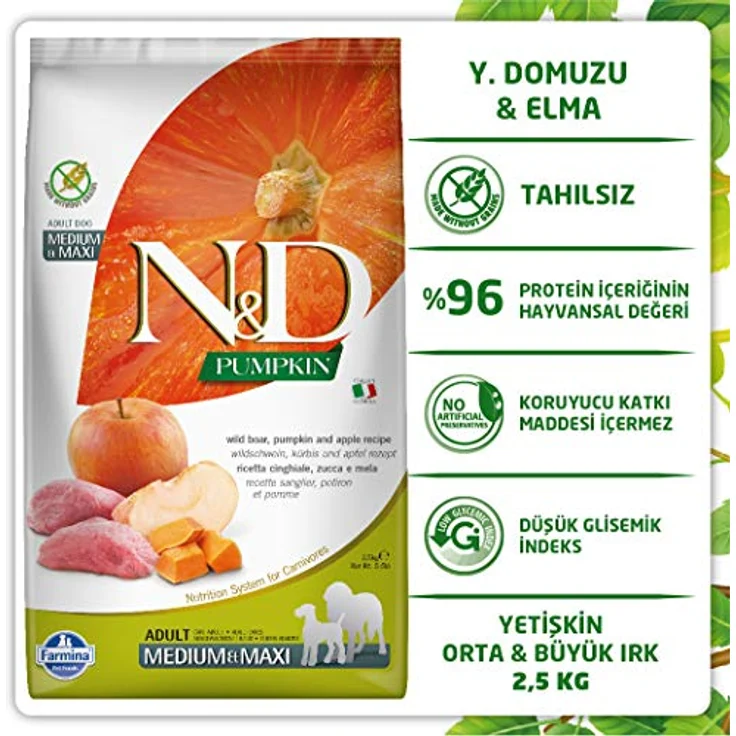 Farmina N&D Pumpkin Adult Medium Pellets Hundefutter, Trockenfutter mit Wildschwein und Apfel, ohne Mais, 2,5 kg – Bild 3