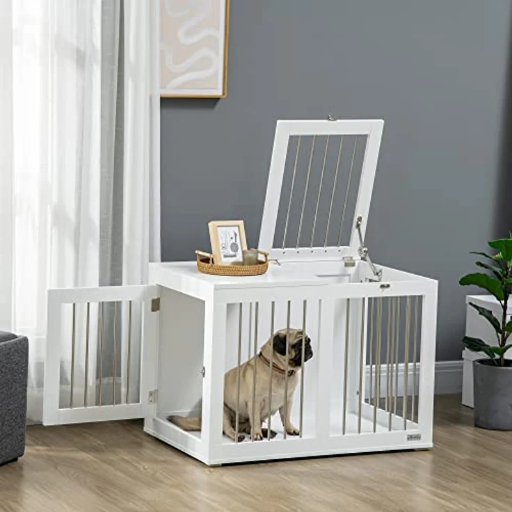 PawHut Hundekäfig für Zuhause, Hundehütte für mittelgroße Hunde, abschließbare Türen, weiß, 80 x 50 x 56,5 cm – Bild 2