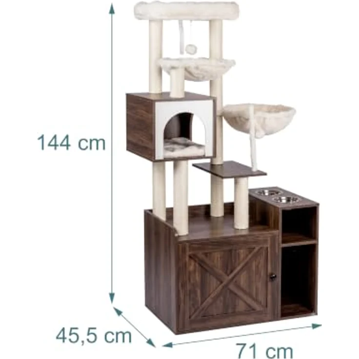 Relaxdays Kratzbaum Katzenkloschrank mit Schlafhöhle, 2 Futternäpfen, Sisal, magnetischer Tür, Faserplatte, Industrial-Weiß – Bild 4