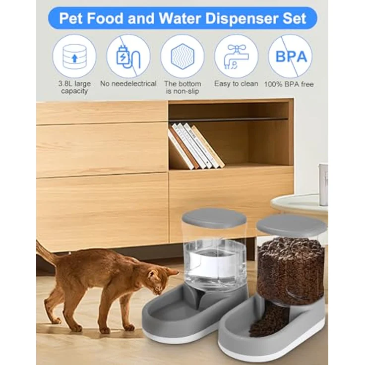 Zounin Automatischer Futterspender 2-in-1 Set für Katzen und Hunde, 2 x 3,8 L, Wasserspender für kleine, mittelgroße und große Haustiere (Grau) – Bild 2