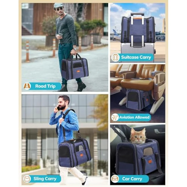 Morpilot Katzentransportbox für große Katzen und Welpen bis 7kg, faltbare Haustiertasche mit atmungsaktivem Netzgewebe und abnehmbarem Kissen, Transportbox für Tierarztbesuche und Reisen, blau – Bild 2