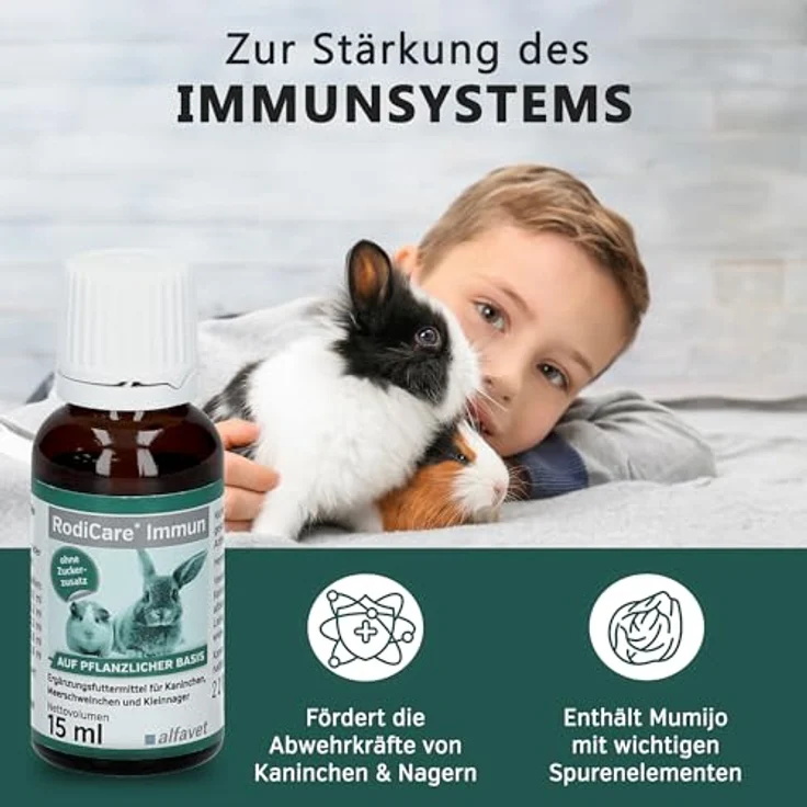 Alfavet RodiCare Immun, Immunstärkung für Kaninchen, Meerschweinchen und Kleinnager, pflanzliches Ergänzungsfuttermittel mit Zink, 15ml, Dosierspritze – Bild 2