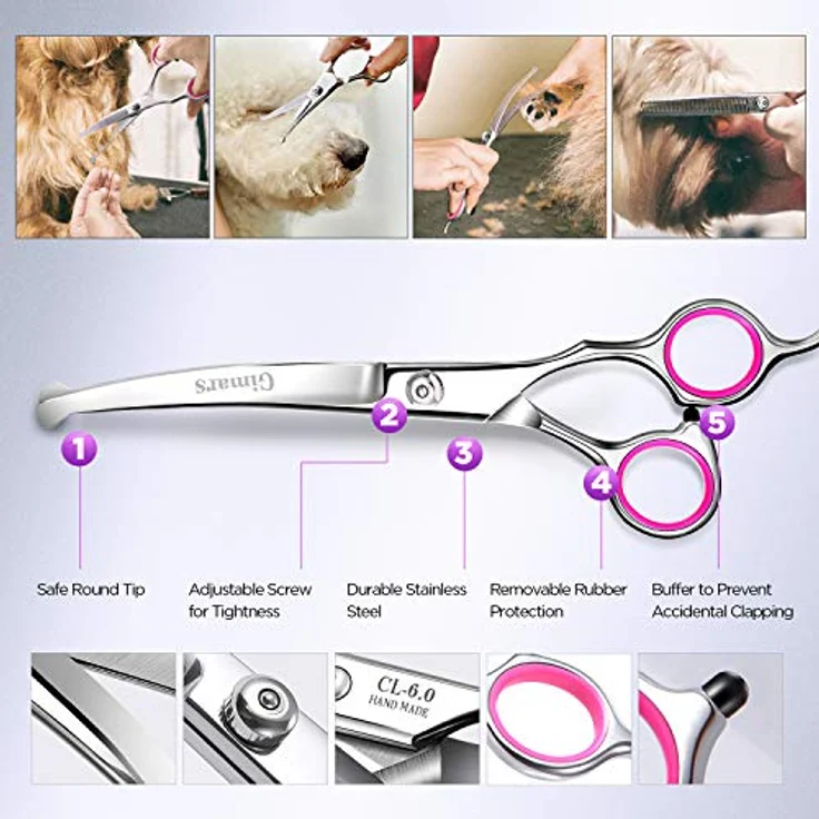 Gimars Professionelle 4CR Roestvrij Staal 6-in-1 Verzorgingsschaar für Hunde, Katzen und andere Tiere, mit Sicherheitsrunde Spitze, Ergonomisches Design, Pink – Bild 4