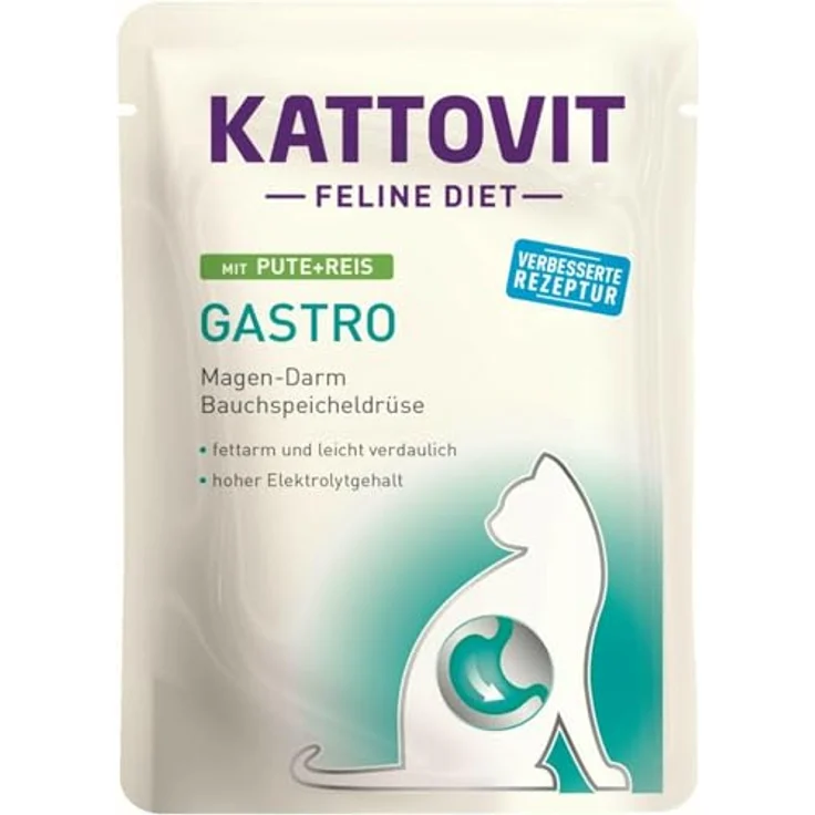Kattovit Feline Gastro Pouch, Diät-Nassfutter für Katzen, 24 x 85 g, Pute & Reis, leicht verdaulich, hohes Elektrolytangebot – Bild 2