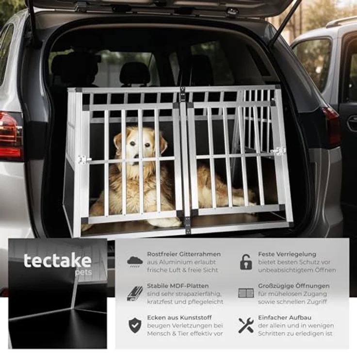 tectake® Hundebox trapezförmig, Aluminium Hundetransportbox für Auto und Zuhause, Double, 104 x 90,5 x 69 cm, optimale Frischluftzufuhr, leicht zu reinigen – Bild 2