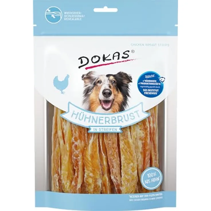 DOKAS Getreidefreier Premium Snack in Streifen, 100% Hühnerbrustfilet, fettarm, 8x 250 g