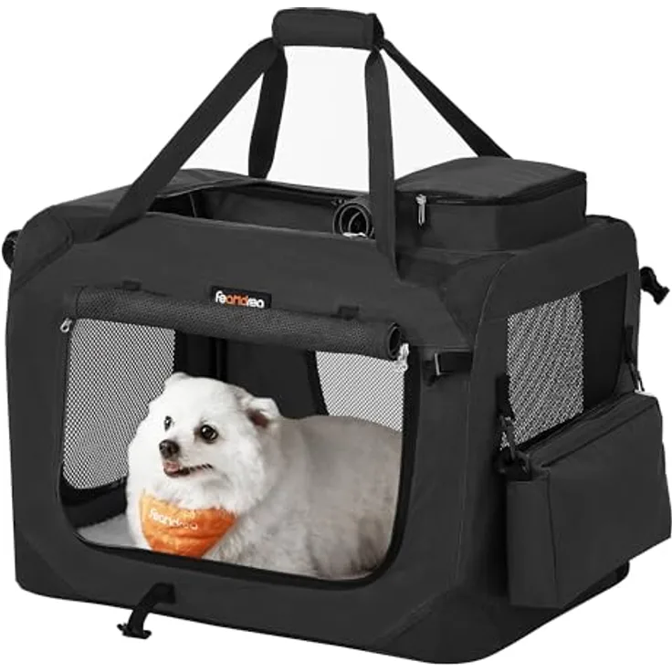 Feandrea Hundebox faltbar PDC60H, Transportbox für Hunde M, atmungsaktiv mit Metallrahmen, schwarz, 60 x 42 x 42 cm, tragbar und mit seitlichen Taschen
