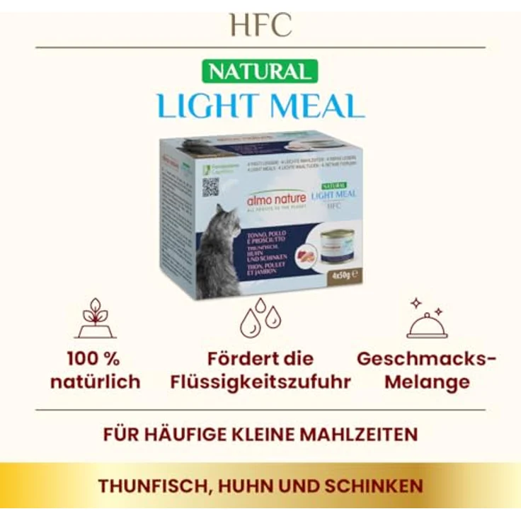 Almo Nature HFC Natural Light Meal, Nassfutter für Katzen - Thunfisch, Huhn & Schinken, Human-Grade, Glutenfrei, 50g, 4er Pack – Bild 2