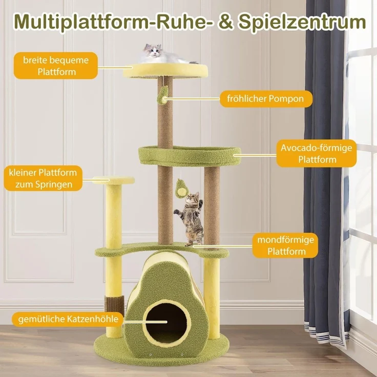 Northix Mehrstöckiger Katzenbaum Avocado mit privatem Katzenhaus, 59 x 59 x 125 cm, weicher Plüschstoff und Sisal-Kratzmatte