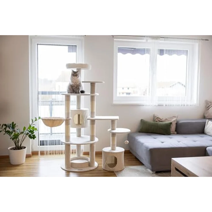 KERBL Kratzbaum Annika, 164 cm hoch, beige, mit Sisal umwickelt, inkl. gepolsterten Liegebetten und Höhlen für Katzen – Bild 3