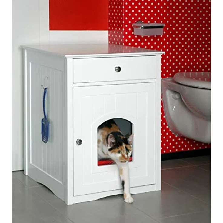 Dobar Mohrle (Katzenklo geschlossen), Katzenschrank aus Holz mit integrierter Katzenhöhle und zusätzlicher Stauraum, weiß – Bild 6
