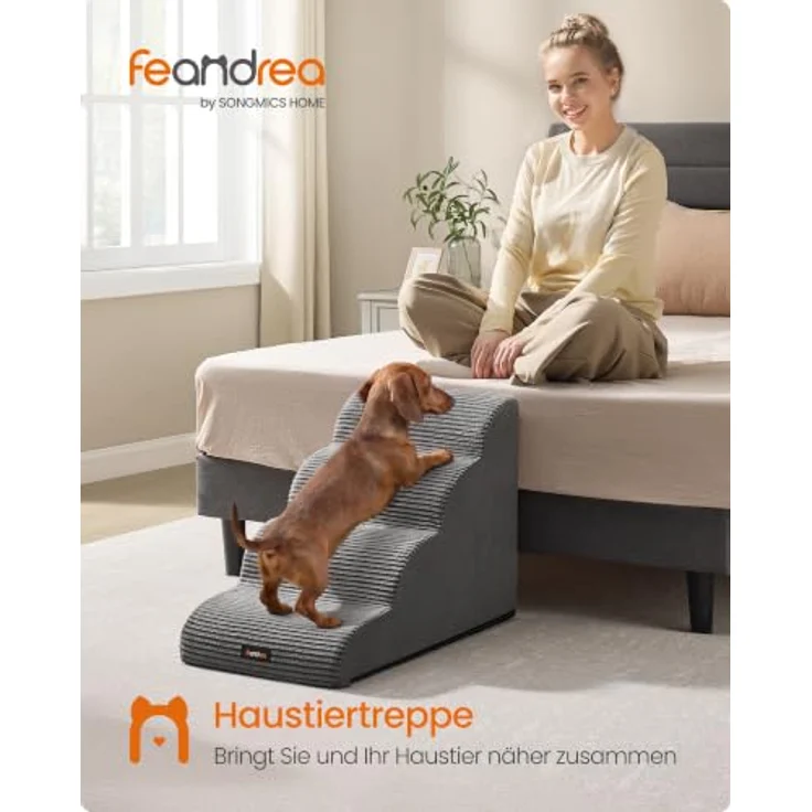 Feandrea Hundetreppe PPS004GN01, 4-stufige Haustiertreppe für kleine Hunde, rutschfest, wasserdicht, abnehmbarer waschbarer Bezug, schiefergrau – Bild 2