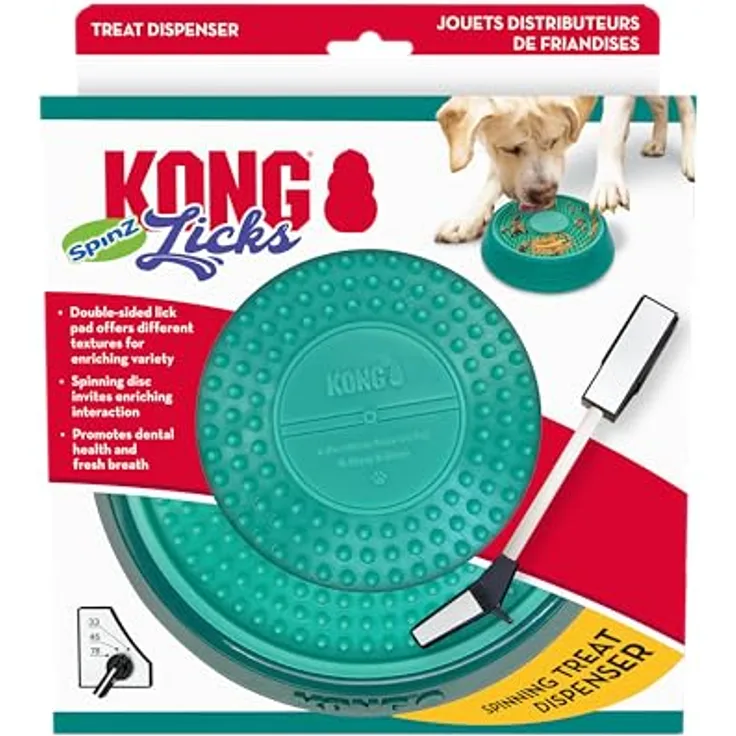 KONG Licks Spinz Hundespielzeug, kniffliges Schleckspielzeug mit drehbaren Platten, blaugrün, Größe L (Ø 20,3 x H 4,5 cm)