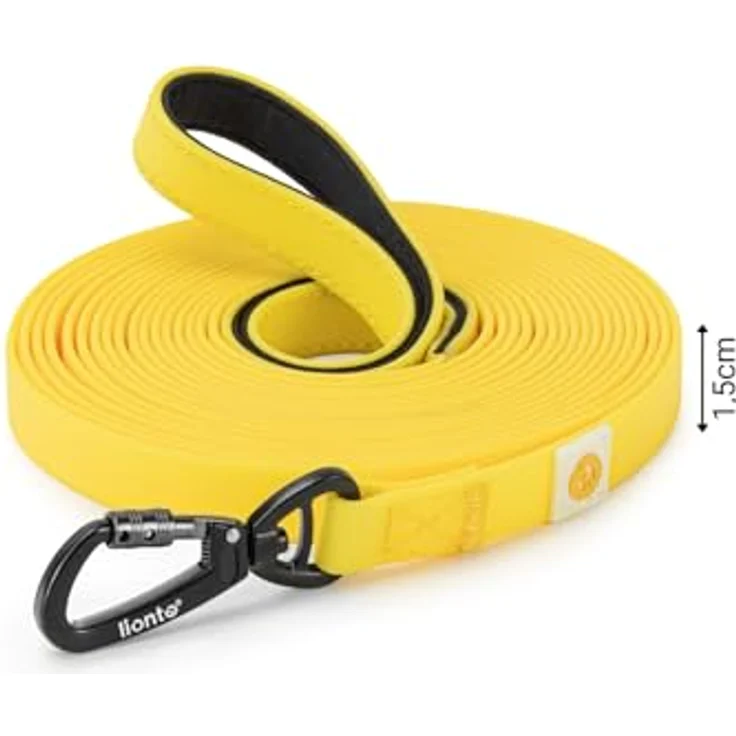 lionto wetterfeste Schleppleine, 5 m mit 360° Sicherheitskarabiner, gepolsterter Handschlaufe und Tasche, Nylongewebe mit PVC Beschichtung, gelb – Bild 5