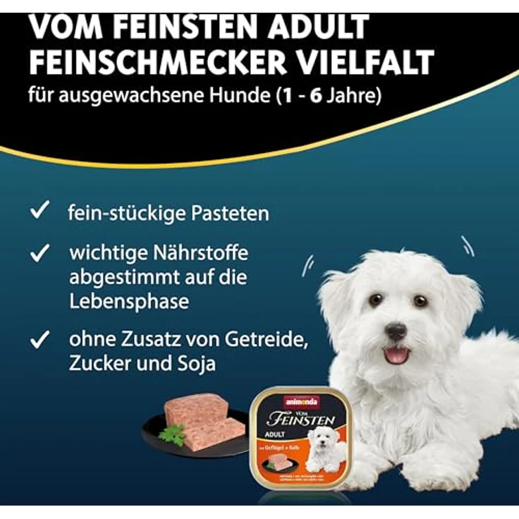 animonda Vom Feinsten Adult Feinschmecker Vielfalt, Hundenassfutter ohne Getreide, 22 x 150 g, feinstückige Pasteten mit verschiedenen Sorten für ausgewachsene Hunde – Bild 2