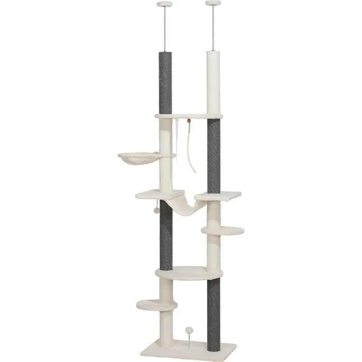 JTI Katzenkratzbaum Deckenhoch, 225-255 cm mit Hängematten, Kratzstämmen und Spielball, Weiß