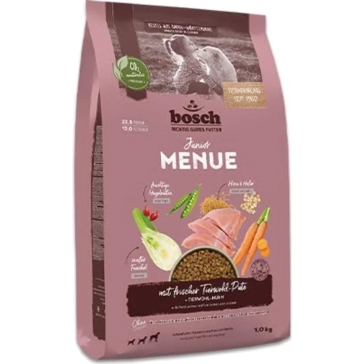 Bosch HPC MENUE Junior Tierwohl-Pute + Hafer & Hirse, Hunde-Trockenfutter für mittelgroße Rassen, 1 kg – Bild 1