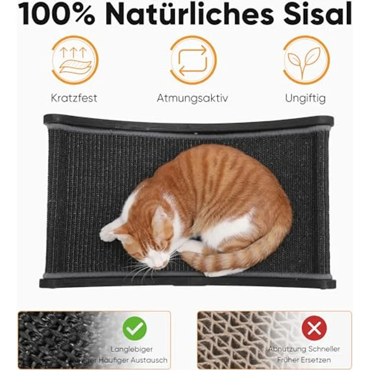 FUKUMARU 3-in-1 Sisal Kratzbrett Holz, 70 cm mit Massivholzgestell und ergonomischer Hängematte für Katzen, Schwarz – Bild 3