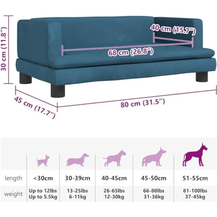 vidaXL Hundekorb Hundebett Blau 80x45x30 cm Samt Körbchen Hundesofa mit massivem Kiefernholzrahmen – Bild 4