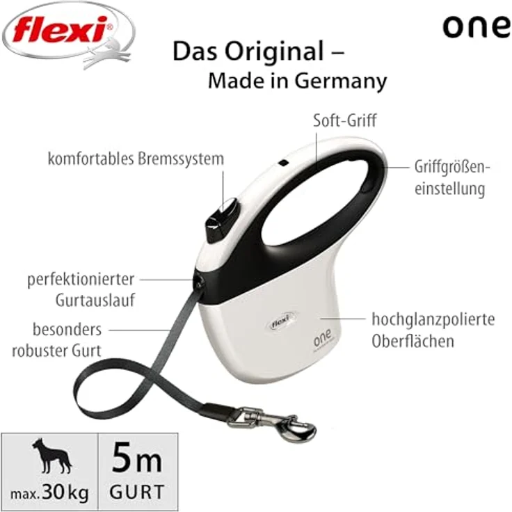 flexi® One Gurt 5 m, Designleine für Hunde bis 30 kg, ergonomisches Schwarz-Weiß-Design, 100% deutsche Qualität – Bild 2