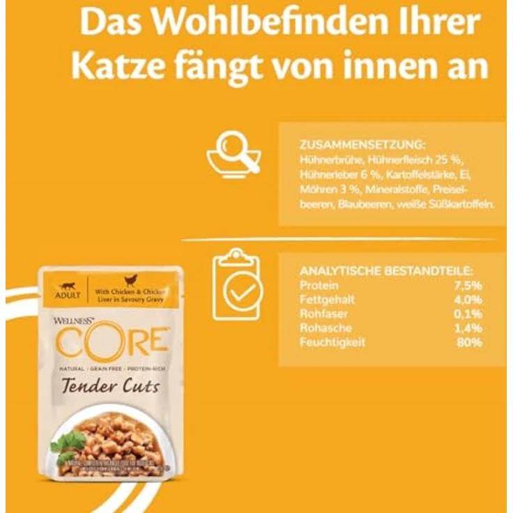 Wellness CORE Tender Cuts Hühnchen Selection Mix, 6 x 85 g, Premium Nassfutter für Katzen, getreidefrei, ohne Zuckerzusatz, hoher Fleischanteil, in Sauce – Bild 4