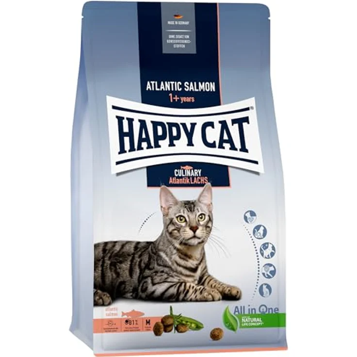 Happy Cat 70555 Culinary Adult, Katzen-Trockenfutter mit Atlantik Lachs und Erbsen, 10 kg, made in Germany, für ausgewachsene Katzen – Bild 1