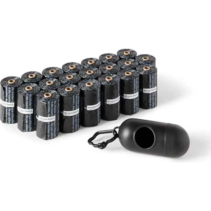 Amazon Basics Hundekotbeutel, strapazierfähig mit Spender und Leinenclip, unparfümiert, 300 Beutel (20 Packungen mit je 15 Beuteln), Schwarz