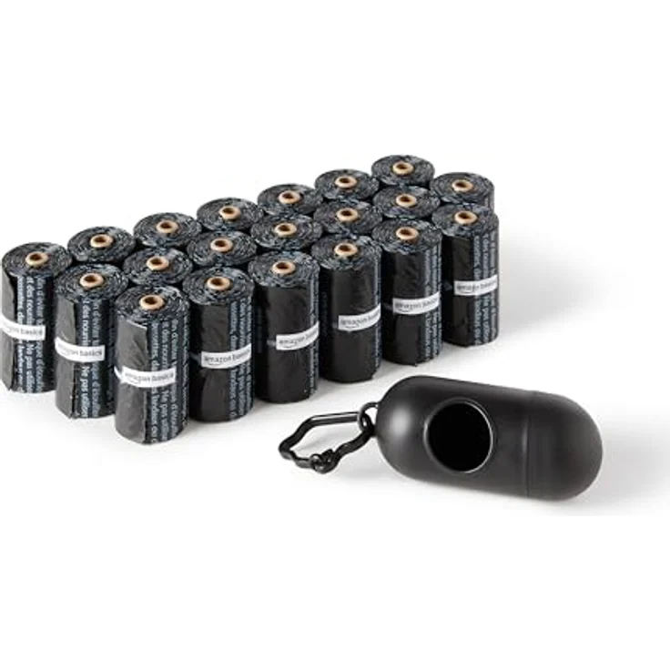 Amazon Basics Hundekotbeutel, strapazierfähig mit Spender und Leinenclip, unparfümiert, 300 Beutel (20 Packungen mit je 15 Beuteln), Schwarz – Bild 1
