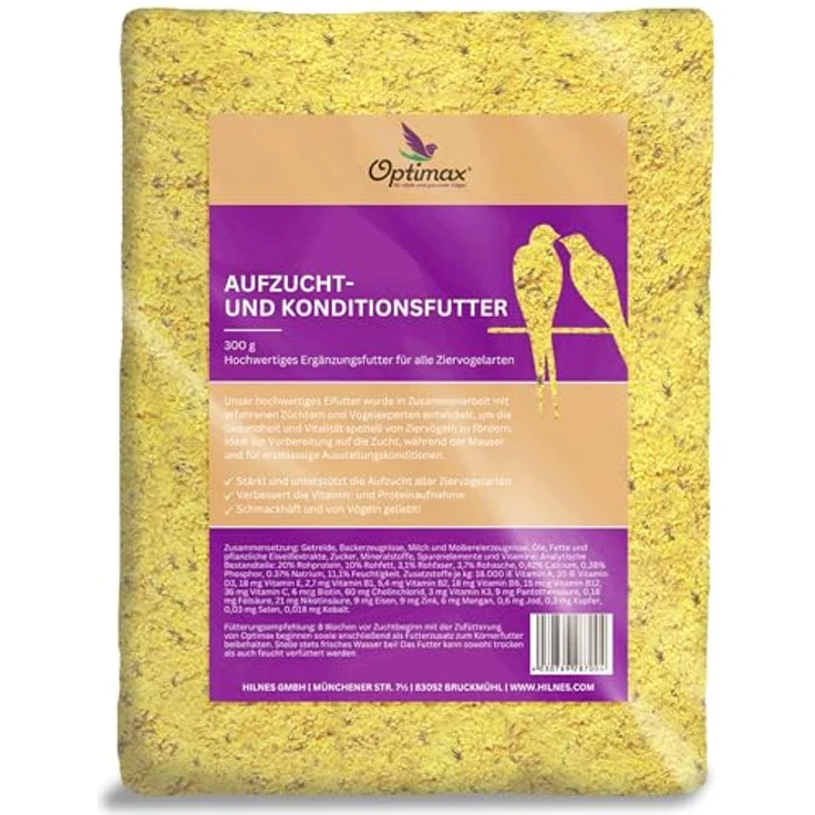 Optimax Kondition- und Aufzuchtfutter für Vögel | 300g Eimer | Eifutter für Kanarienvögel, Wellensittiche und weitere Ziervogelarten | Reich an Proteinen und Nährstoffen, Made in Germany – Bild 1