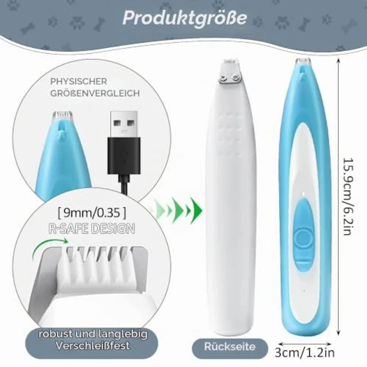 FFTANXS Pfotentrimmer für Hunde/Katze, wasserdichte Haarschneidemaschine mit LED-Licht, leise und vibrationsarm, geeignet für dickes Tierhaare, blau – Bild 2