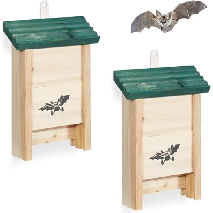 relaxdays Nistkasten Fledermauskasten 2er Set, aus unbehandeltem Holz, grün, mit Anflughilfe
