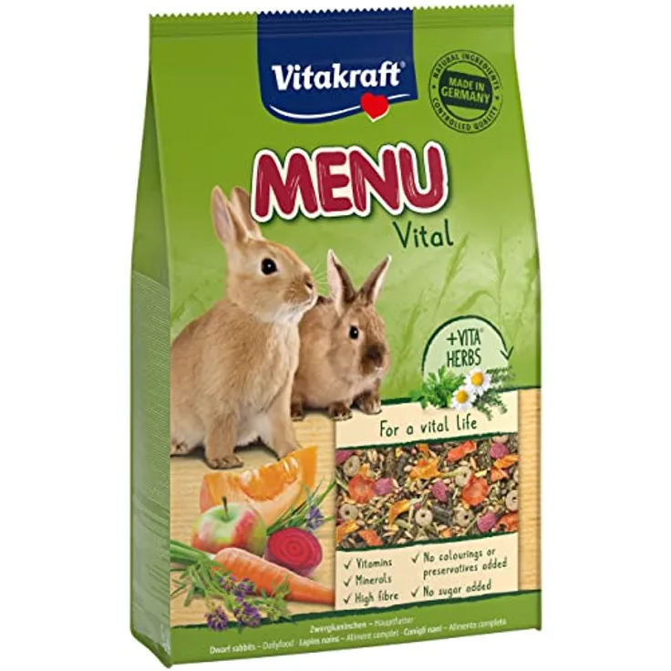 Vitakraft Menu Vital, Hasenfutter für Zwergkaninchen mit Luzerne und Apfel, angereichert mit Kräutern, 5kg, zucker- und getreidefrei, fördert die Verdauung