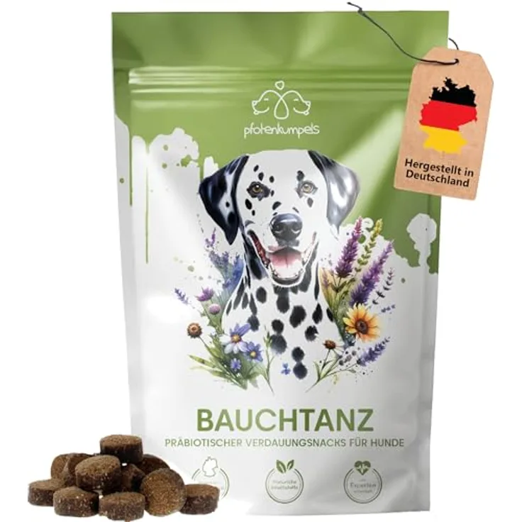 pfotenkumpels Bauchtanz Hundesnack – Verdauungshilfe mit Insektenprotein, Pflanzenkohle und Kräutern, hypoallergen und kaltgepresst 200g